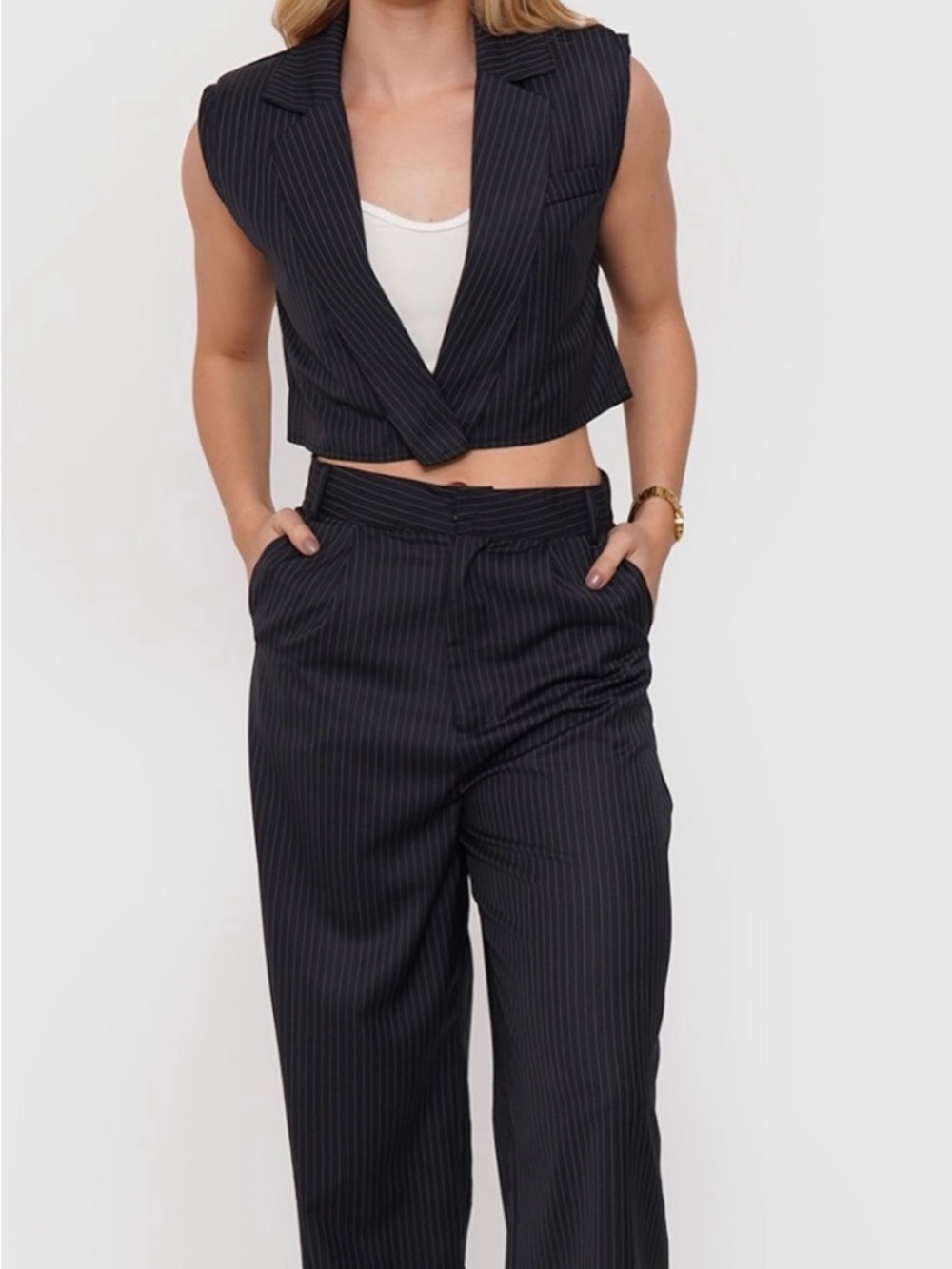 Zara Pinstripe Cropped Vest with Frayed Edges